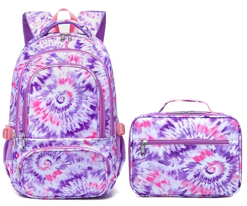 BLUEFAIRY Girls Backpack with Lunch Box Kids Bookbag Set Elemenatry School Bag 17" with insulated Lunch Bag Lunchbox Set Cute Back to School Gifts Mochilas Escolares para NiÃ±as Tie Dye Purple - Image 1