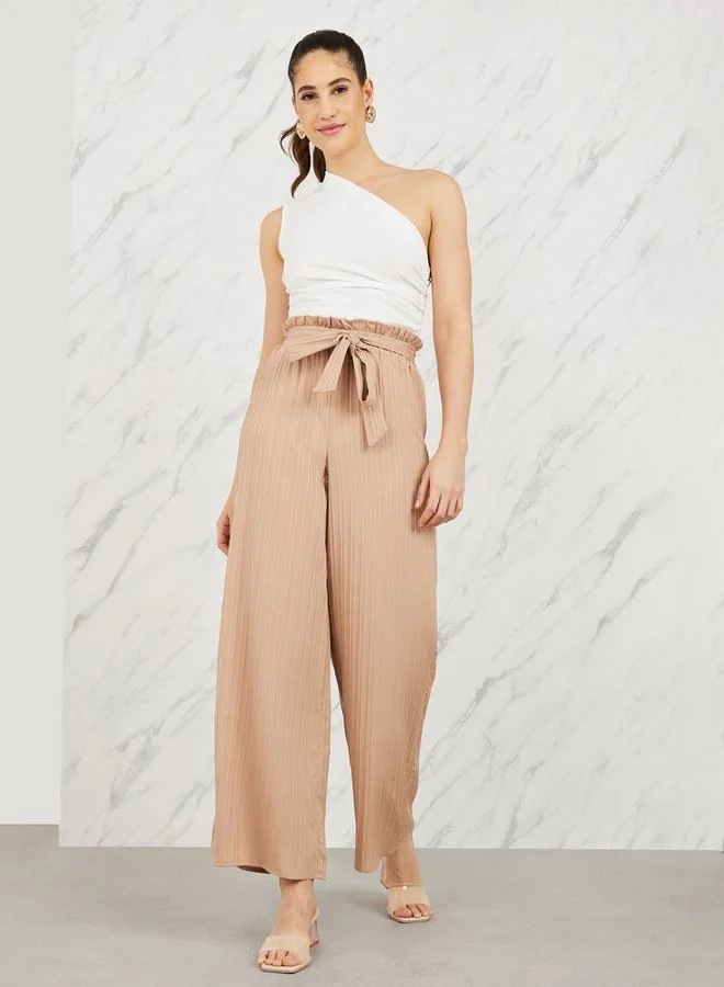Styli Striped Paperbag Waist Wide Leg Pant with Self Tie Up