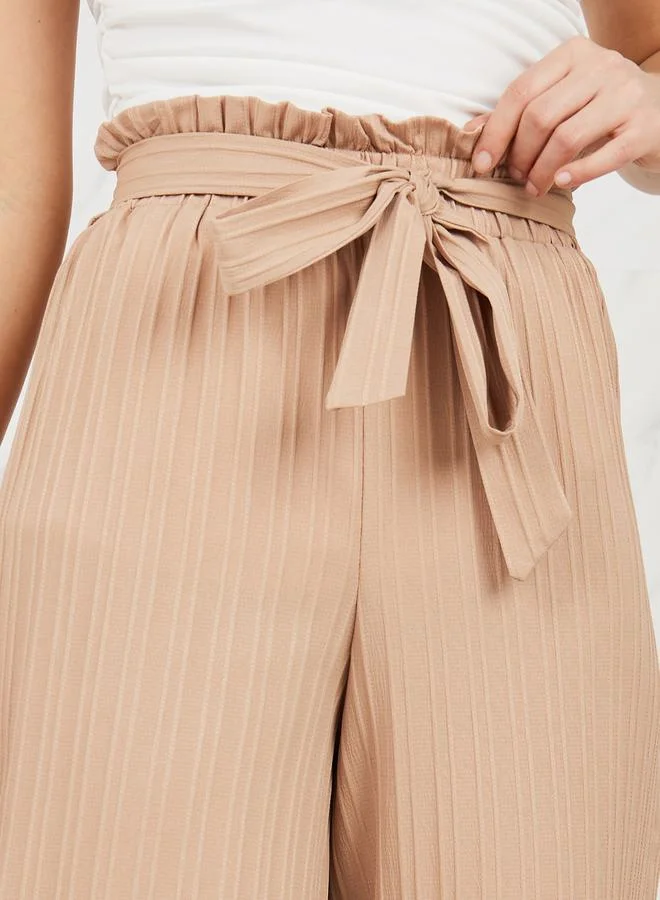 Styli Striped Paperbag Waist Wide Leg Pant with Self Tie Up