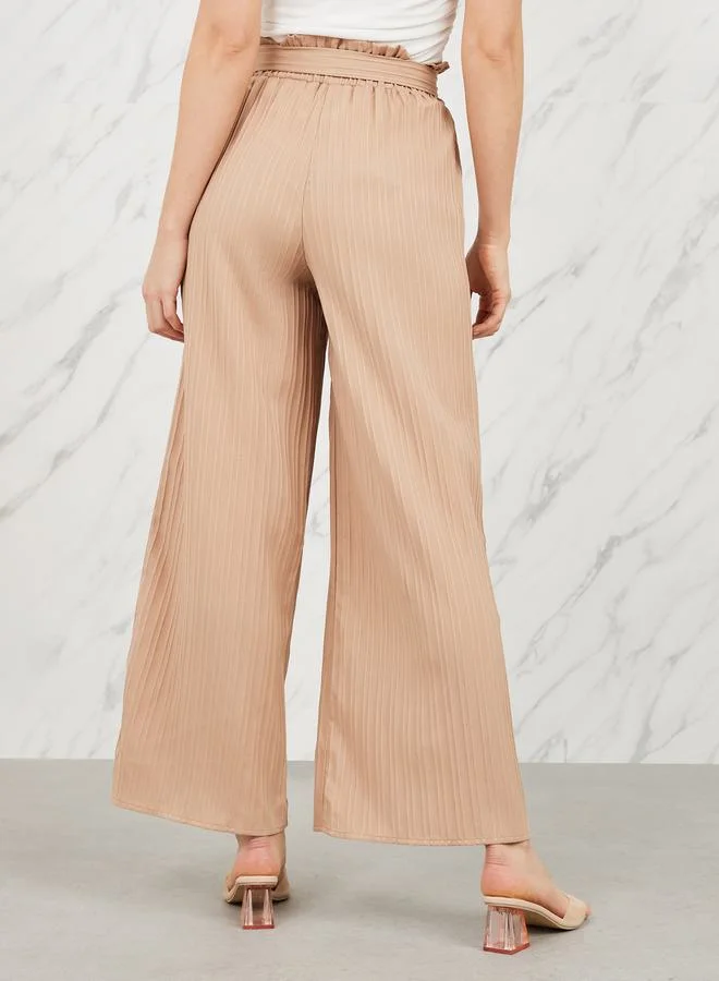 Styli Striped Paperbag Waist Wide Leg Pant with Self Tie Up
