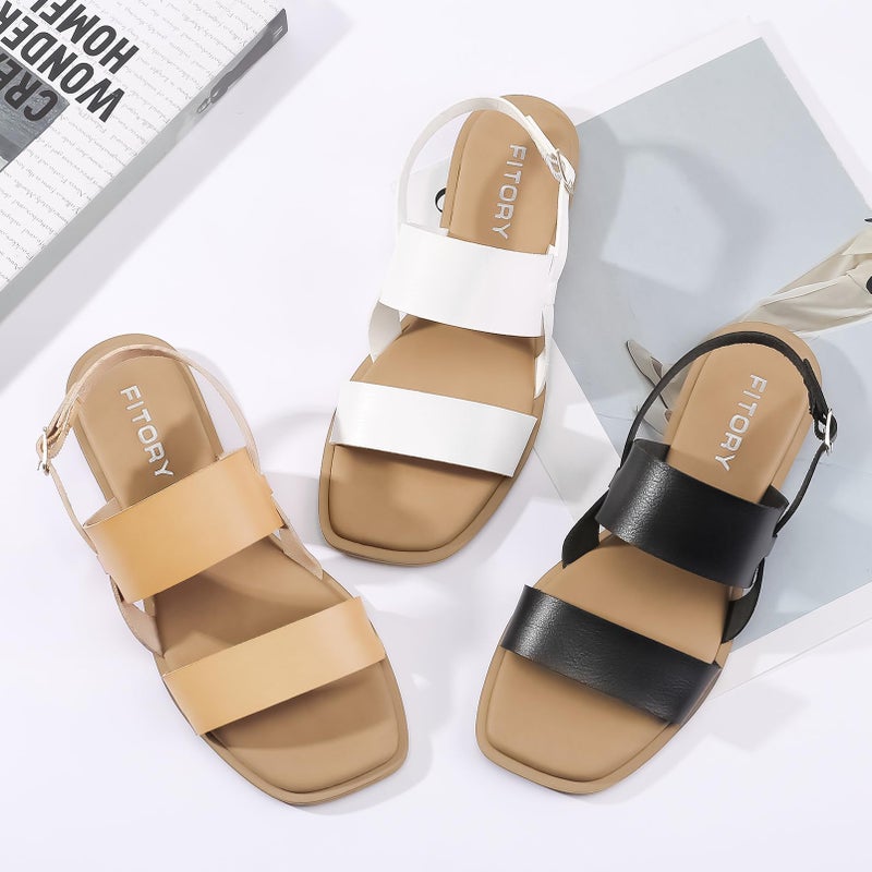 FITORY Women's Flat Sandals Fashionable Square Open Toe Adjustable Buckle Slippers Summer White Size 9 - Image 2