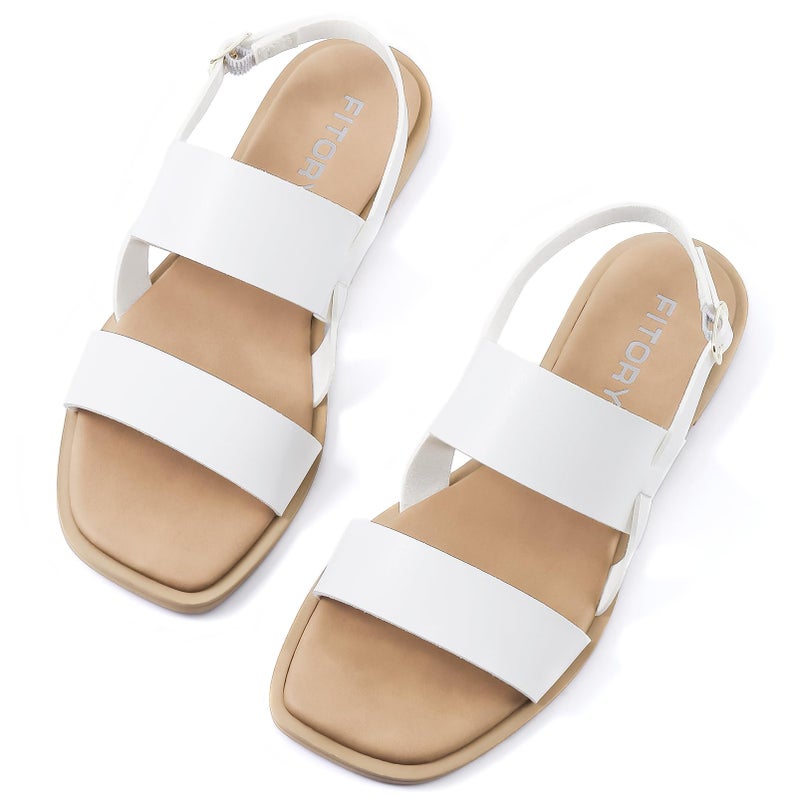 FITORY Women's Flat Sandals Fashionable Square Open Toe Adjustable Buckle Slippers Summer White Size 9 - Image 3