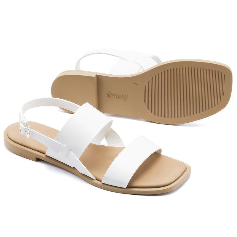 FITORY Women's Flat Sandals Fashionable Square Open Toe Adjustable Buckle Slippers Summer White Size 9 - Image 5