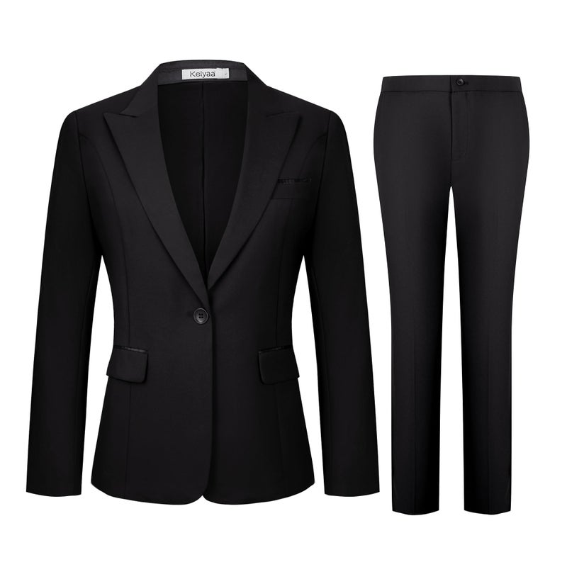 Kelyaa Women's 2 Piece Business Office Suit Lady Peaked Lapel Slim Fit One Button Blazer Jacket and Pants Set Black - Image 2