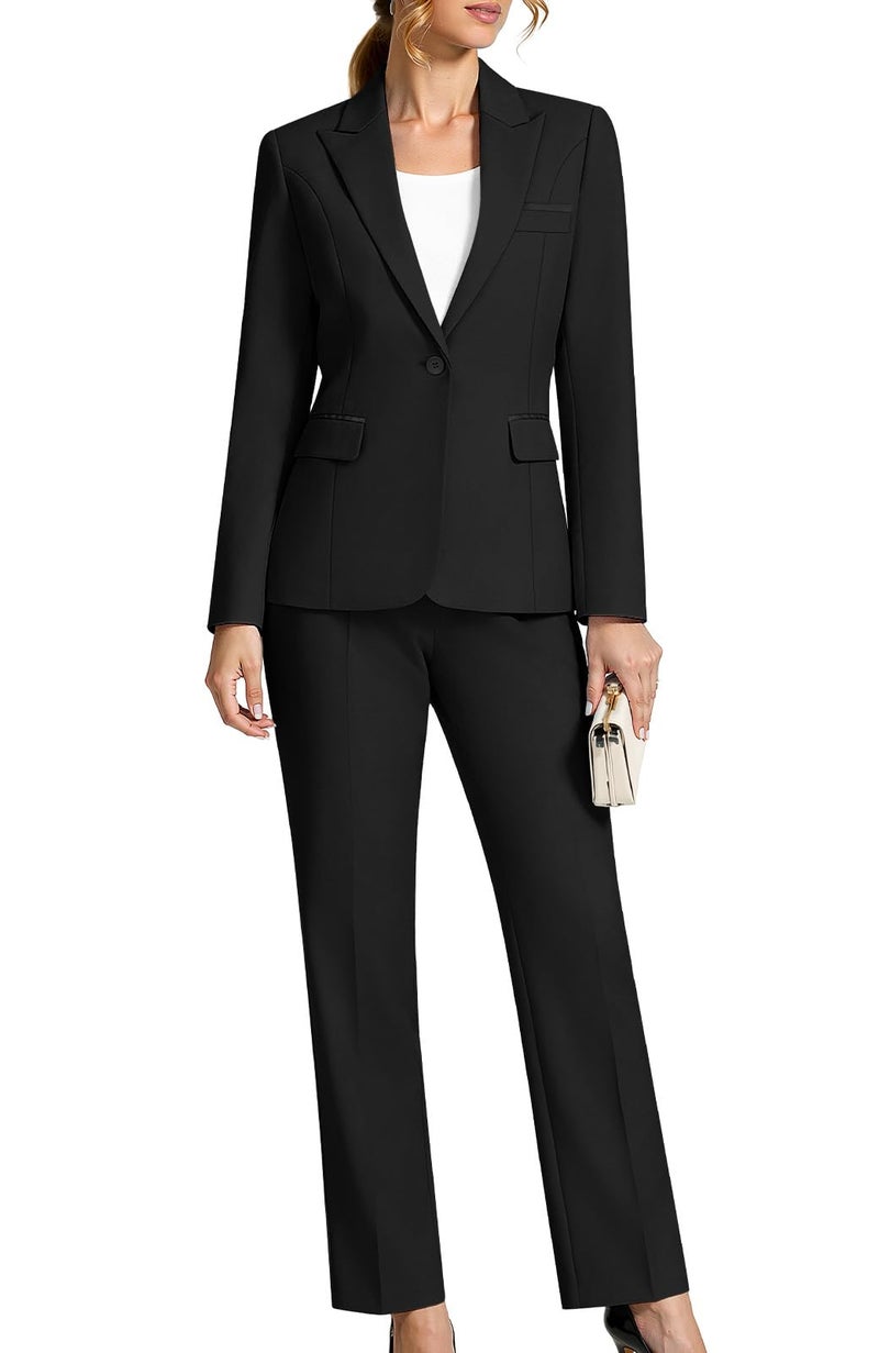 Kelyaa Women's 2 Piece Business Office Suit Lady Peaked Lapel Slim Fit One Button Blazer Jacket and Pants Set Black - Image 1
