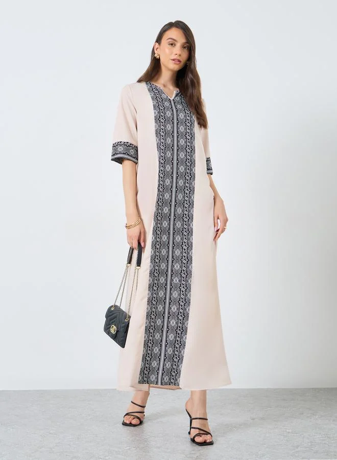 Take Two Contrast Print Maxi Jalabiya with 3/4 Sleeve