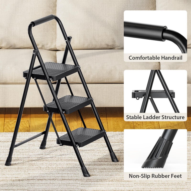 Urackify 3 Step Ladder, Portable Folding Ladder for Multi-Purpose, Home, Kitchen, Heavy Sturdy Steel Step Stool with Handrail, Anti-Slip Wide Pedals, Safe-Lock Design, Pass 500lbs Load Testing, Black - Image 5