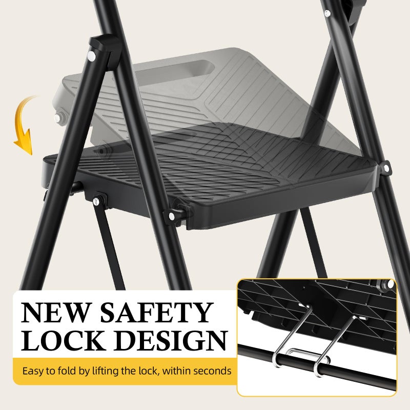 Urackify 3 Step Ladder, Portable Folding Ladder for Multi-Purpose, Home, Kitchen, Heavy Sturdy Steel Step Stool with Handrail, Anti-Slip Wide Pedals, Safe-Lock Design, Pass 500lbs Load Testing, Black - Image 3