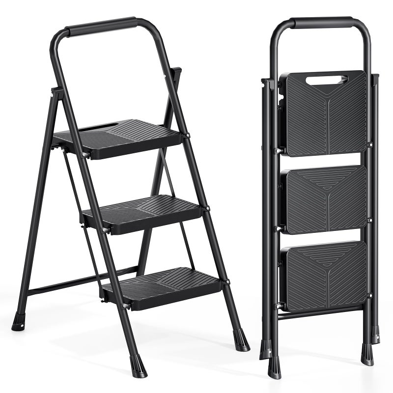 Urackify 3 Step Ladder, Portable Folding Ladder for Multi-Purpose, Home, Kitchen, Heavy Sturdy Steel Step Stool with Handrail, Anti-Slip Wide Pedals, Safe-Lock Design, Pass 500lbs Load Testing, Black - Image 1