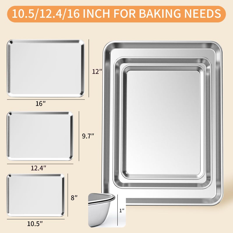Fondpen Baking Sheet Set of 3, Stainless Steel Cookie Sheets Baking Sheet Pan, 10.5/12.4/16 Inch, Thicker and Firmer Baking Pans Set, Non-stick, Non toxic & Heavy Duty & Easy Cleanï¼ŒDishwasher Safe - Image 2