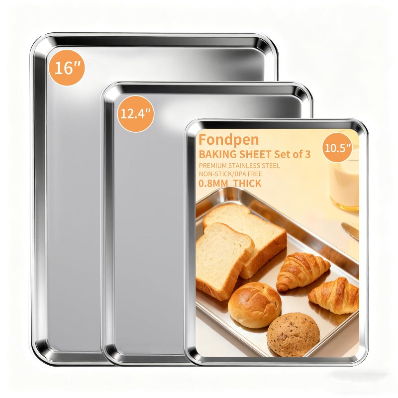 Fondpen Baking Sheet Set of 3, Stainless Steel Cookie Sheets Baking Sheet Pan, 10.5/12.4/16 Inch, Thicker and Firmer Baking Pans Set, Non-stick, Non toxic & Heavy Duty & Easy Cleanï¼ŒDishwasher Safe - Image 1