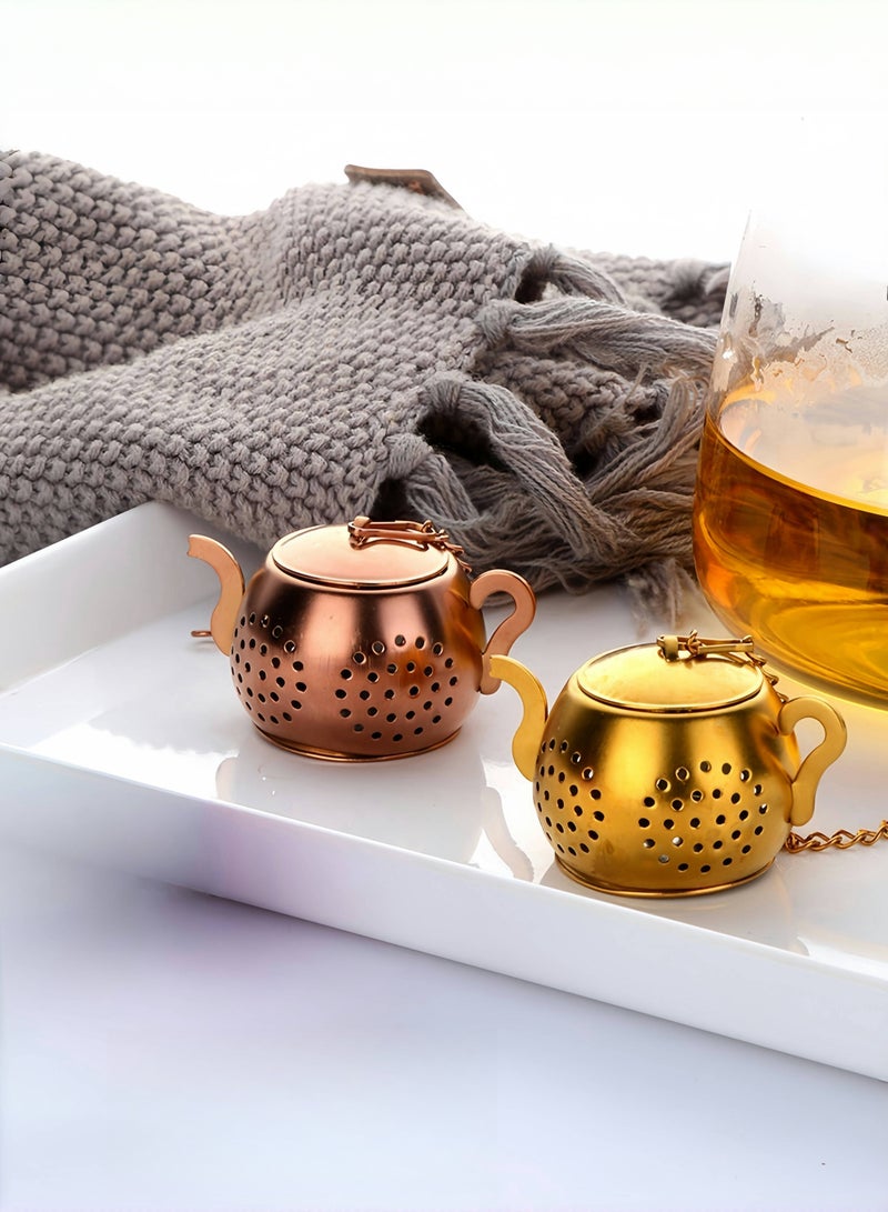 Teapot-shaped Tea Infusers with Chain Hook, 2 Pack Stainless Steel Tea Strainer, Gold and Rose Gold  - Image 1