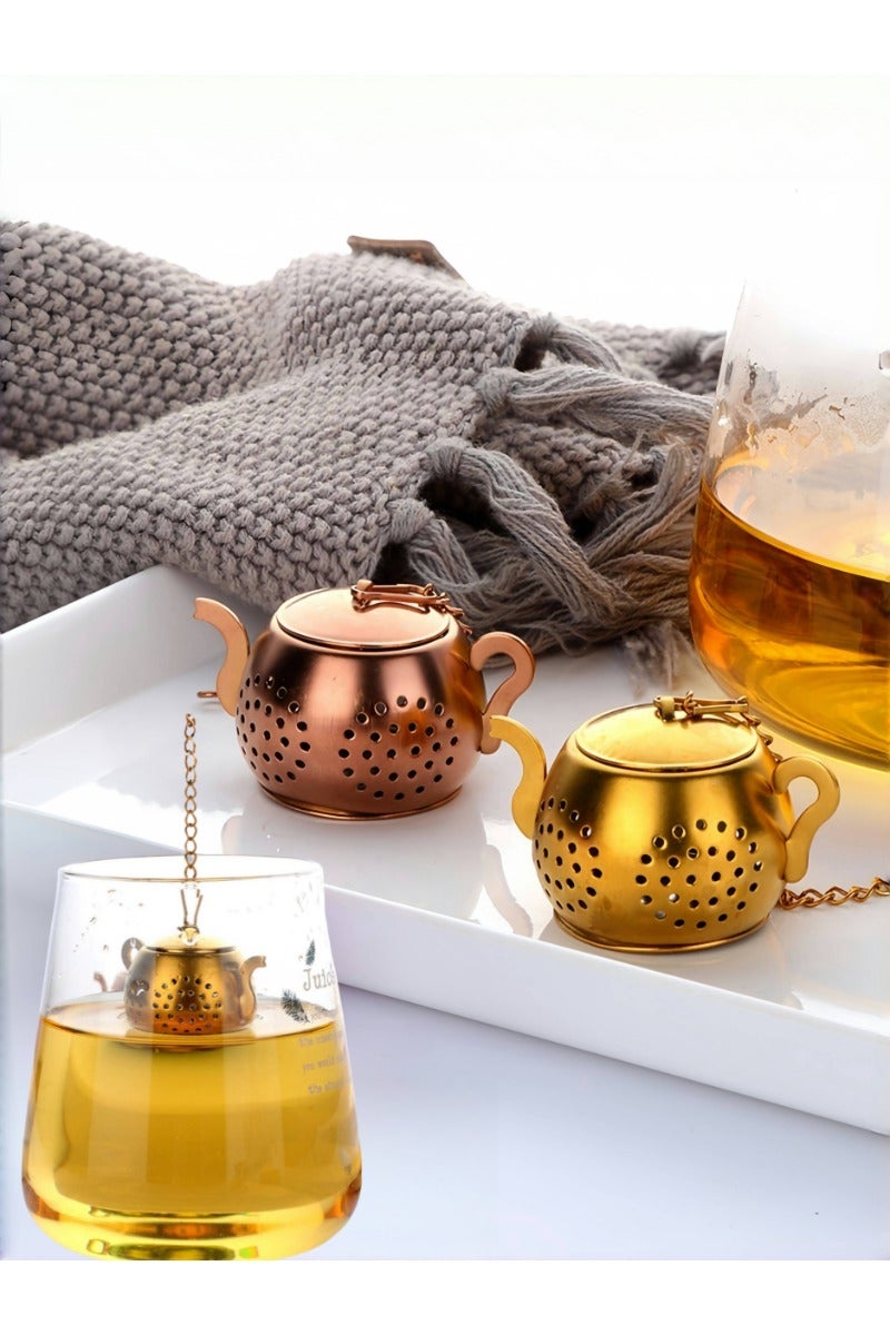 Teapot-shaped Tea Infusers with Chain Hook, 2 Pack Stainless Steel Tea Strainer, Gold and Rose Gold - Image 1