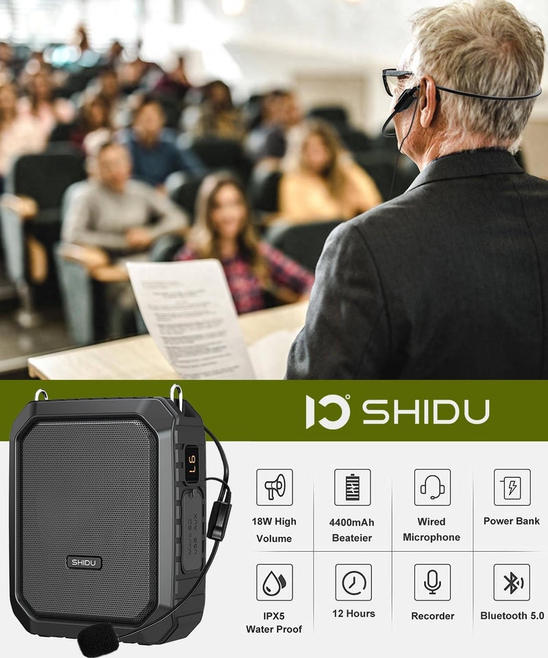 SHIDU مضخم الصوت ، مضخم صوت لاسلكي بقدرة 10 واط، نظام مكبر صوت محمول قابل لإعادة الشحن مع ميكروفون لاسلكي UHF وسماعة رأس، يدعم تشغيل MP3 للمعلمين، اليوغا، مرشدي السياحة، المدربين في الهواء الطلق - Image 2