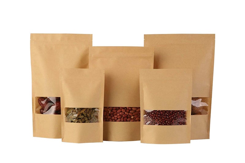 KCL KCL Kraft Paper Stand up Pouches with Rectangle Transparent window (Food Grade) Dimension- 6 * 9 Inches - Capacity - 250 Gms - Brown Color (With Ziplock) - Pack of 100 Pc - Image 1