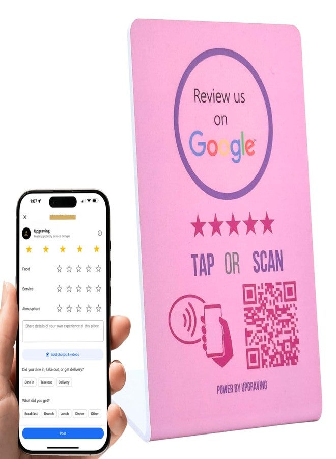 Upgraving Google Tap Stand | Reusable Smart Tap NFC & QR Code for Instant Reviews | Boost Your Business Quickly | Compatible With iPhone & Android (1 Large Stand, Pink) - Image 1