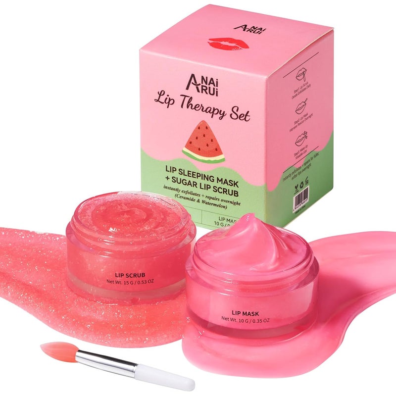 ANAI RUI Lip Mask Set Lip Scrub  Lip Butter Overnight Lip Treatment Set Enriched With Skin Softening Ceramide  Watermelon and Hydrating Shea Butter For A Softer  Smoother Pout
