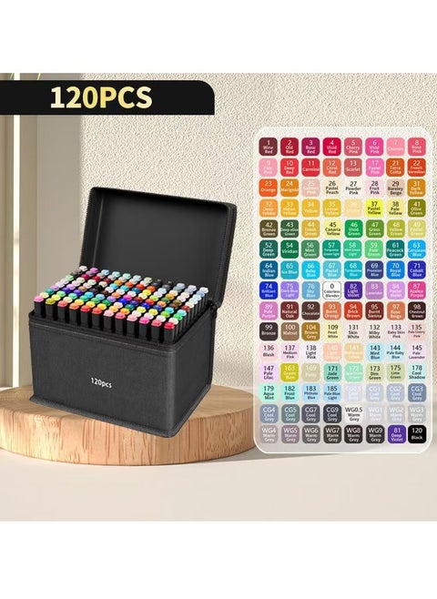 120-color marker set, dual-tip marker pens, oil-based and watercolor pens, for students and children, colored pens for drawing