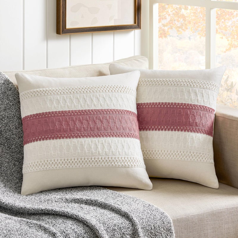 ZeeMart 2 Packs Cotton Boho Throw Pillow Covers 16x16 Inch Contrast/Dusty Pink  Soft Farmhouse Decorative Couch Pillow Cases Pink Cushion Covers for Sofa Bed Living Room Home Decor - Image 1