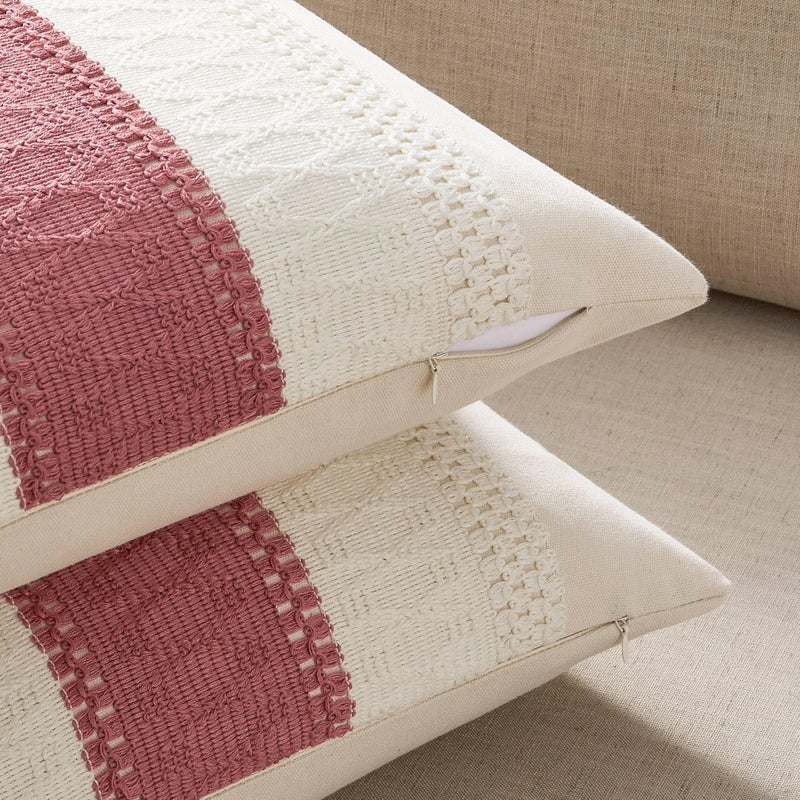 ZeeMart 2 Packs Cotton Boho Throw Pillow Covers 16x16 Inch Contrast/Dusty Pink  Soft Farmhouse Decorative Couch Pillow Cases Pink Cushion Covers for Sofa Bed Living Room Home Decor - Image 3