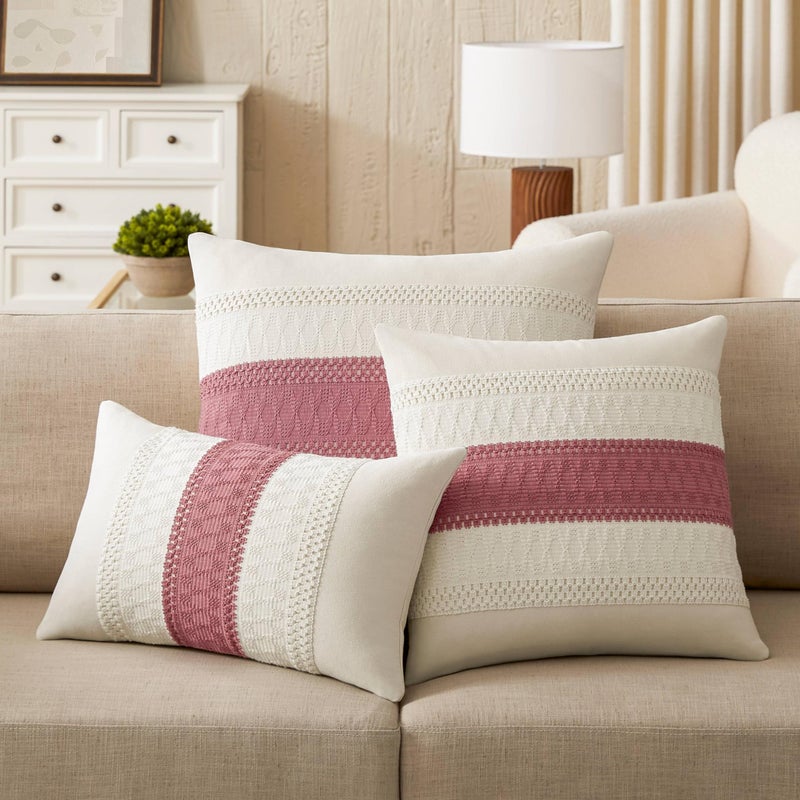 ZeeMart 2 Packs Cotton Boho Throw Pillow Covers 16x16 Inch Contrast/Dusty Pink  Soft Farmhouse Decorative Couch Pillow Cases Pink Cushion Covers for Sofa Bed Living Room Home Decor - Image 5