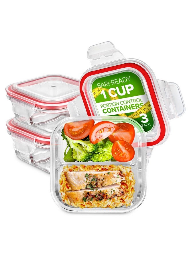 Stock Your Home Glass Portion Control Bariatric Containers (3 Pack), 1 Cup Food Containers with Two 4 oz Compartments, 4oz Food Storage Containers for meal prep, Microwave Safe Glass Portion Containers with Lids - Image 1