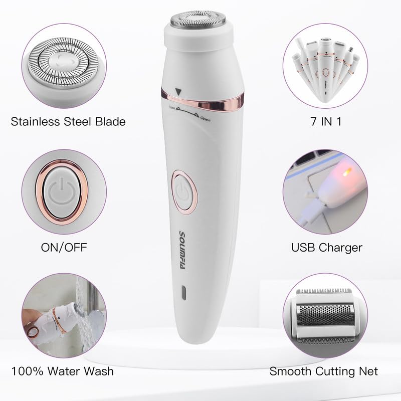 Solimpia Female HT-518 Lady Grooming Kit 7-In-1 Painless Body Shaver Facial,Eyebrow,Hair,Ear-Nose Trimmer Exfoliating Head Suitable For Face,Body,Legs,Bikini,Underarms,Arms,IPX5 Waterproof,White - Image 3