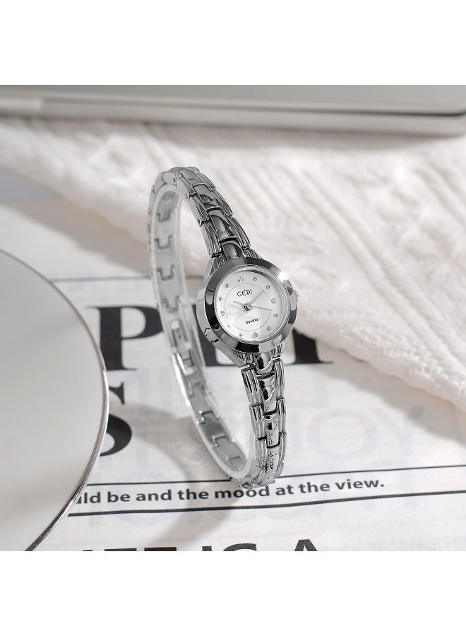 GEDI Elegant Women's Bracelet Watch, Silver Metal Strap Diamond-Encrusted Dial Quartz Wristwatch