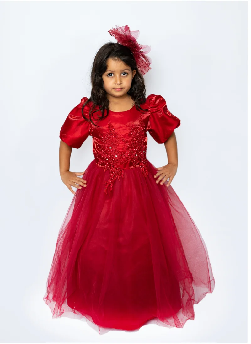 D'Daniela Puff Sleeve Long Tulle Pearl Dress Red