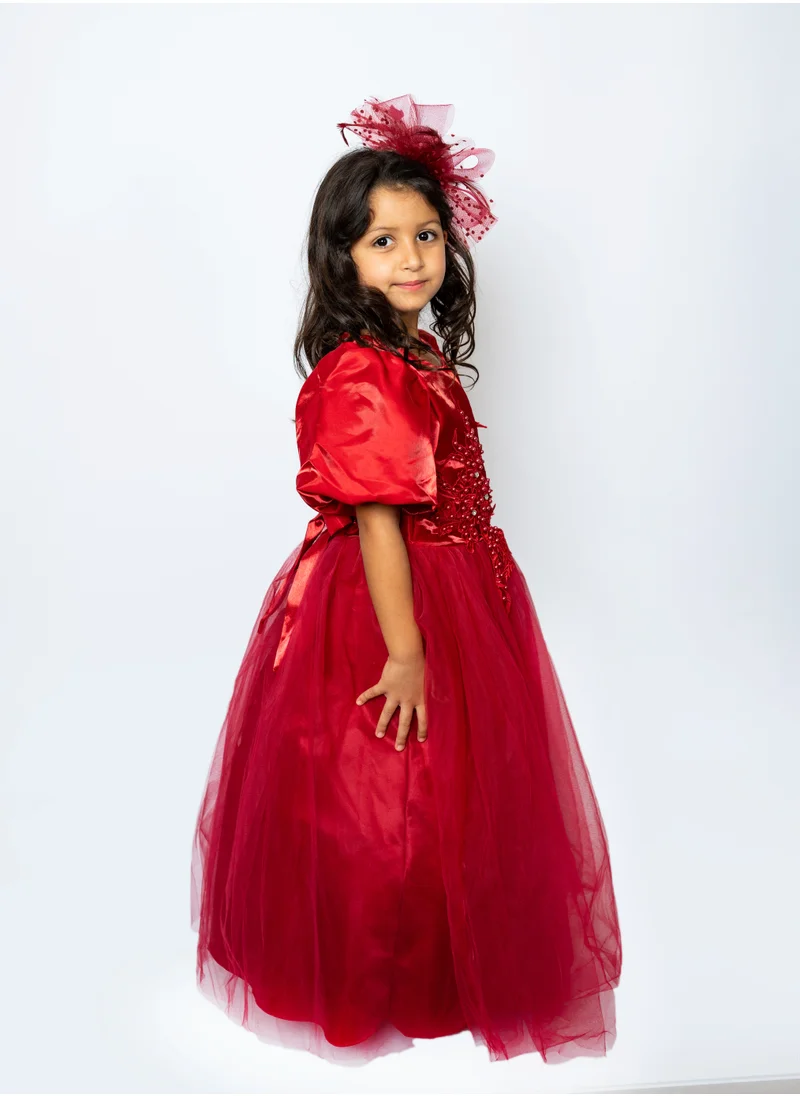 دىدانيالا Puff Sleeve Long Tulle Pearl Dress Red