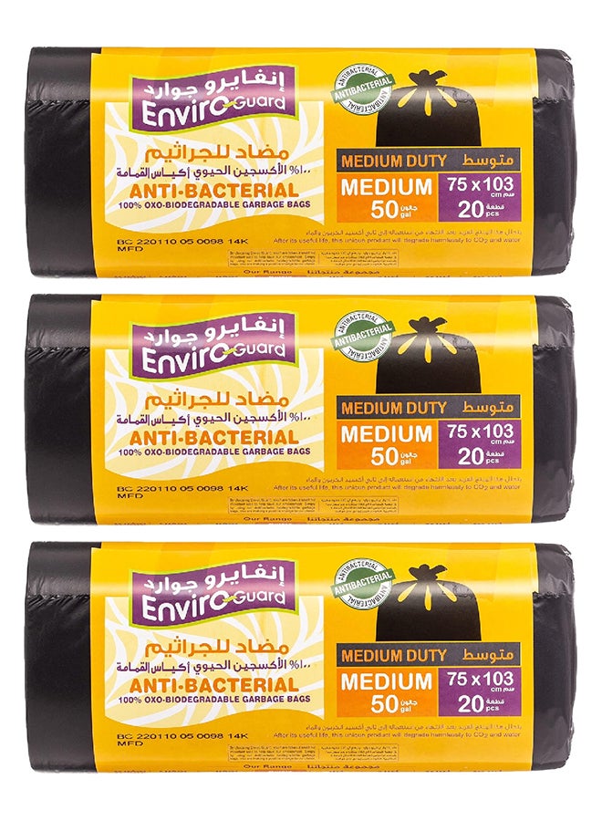 Enviro Guard أكياس القمامة السوداء القابلة للتحلل البيولوجي المضادة للبكتيريا من إنفايرو غارد (103 × 75 سم) – أكياس قمامة قوية ومقاومة للتسرب – 20 كيس في كل لفة، عبوة من 3 لفات (60 كيس إجمالي) - Image 1