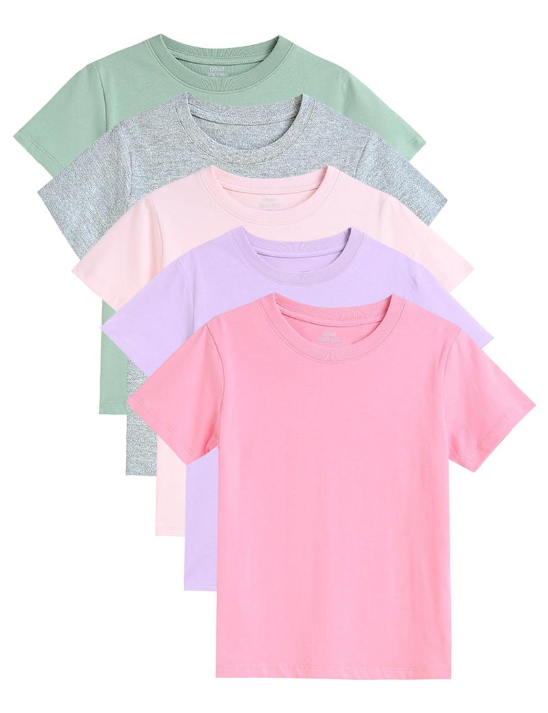 Gihuo 5 Pack Girls Cotton Shirts Short Sleeve Tees Summer Tops Soft Kids Tshirts (US, Age, 6 Years, 7 Years, Purple,Pink,Grey,Rose,Green) - Image 1