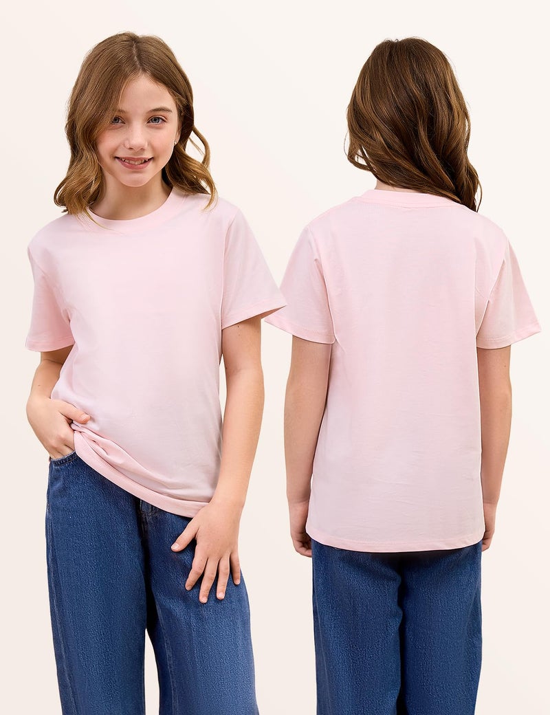 Gihuo 5 Pack Girls Cotton Shirts Short Sleeve Tees Summer Tops Soft Kids Tshirts (US, Age, 6 Years, 7 Years, Purple,Pink,Grey,Rose,Green) - Image 2