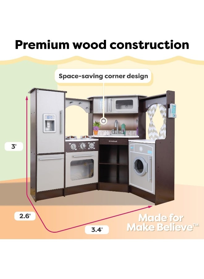 KidKraft KidKraft Ultimate Corner Wooden Play Kitchen with Lights & Sounds, Play Phone and Curtains, Espresso, Gift for Ages 3+  - Image 3