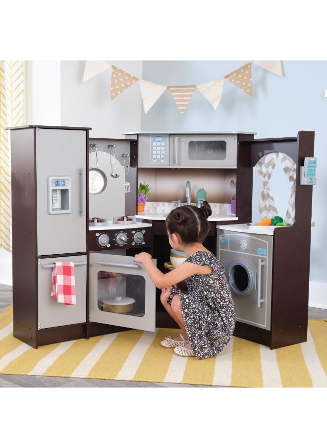 KidKraft KidKraft Ultimate Corner Wooden Play Kitchen with Lights & Sounds, Play Phone and Curtains, Espresso, Gift for Ages 3+  - Image 2