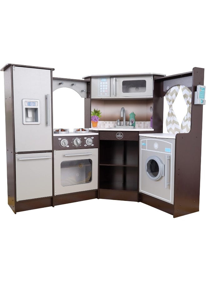 KidKraft KidKraft Ultimate Corner Wooden Play Kitchen with Lights & Sounds, Play Phone and Curtains, Espresso, Gift for Ages 3+  - Image 1