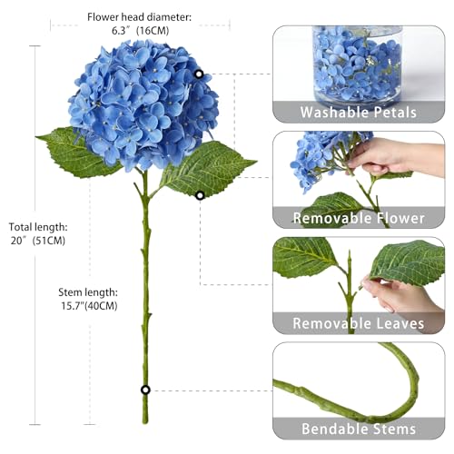 ZYTUYO 4 Pcs Royal Blue 20 inches Real Touch Hydrangea Artificial Flowers Boho Lifelike Real Looking Latex Hydrangeas Flower with Long Stem for Indoor Living Room Spring Home Decor Table Flower - Image 4