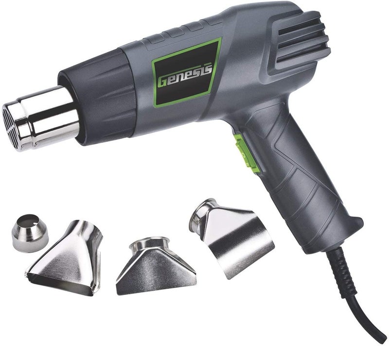 Genesis GHG1500A Dual Temperature Heat Gun Kit With Fast Heat High And Low Settings 572F/1000F, Air Reduction Nozzle, Reflector Nozzle, And Two Deflector Nozzles with 2 Year Warranty - Image 1