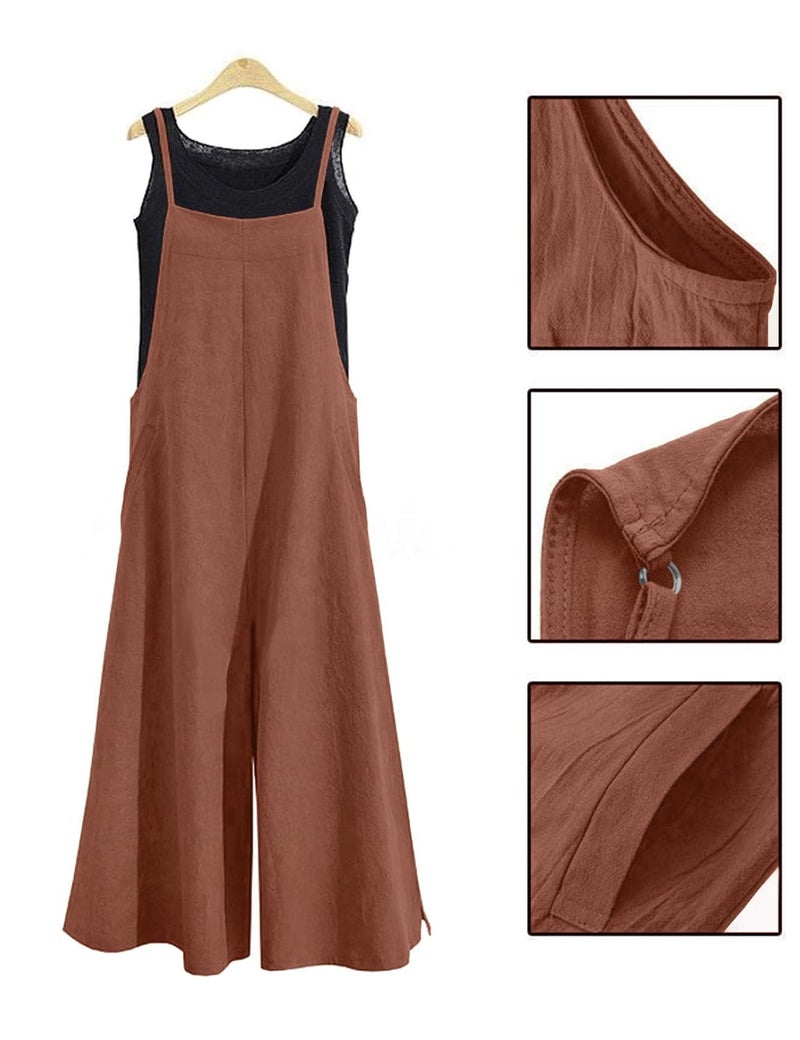 YESNO Women Casual Loose Boyfriend Bib Pants Summer Wide Leg Cotton Jumpsuits Rompers with Pockets XS-5X (S PZZTYP2 Coffee) - Image 4
