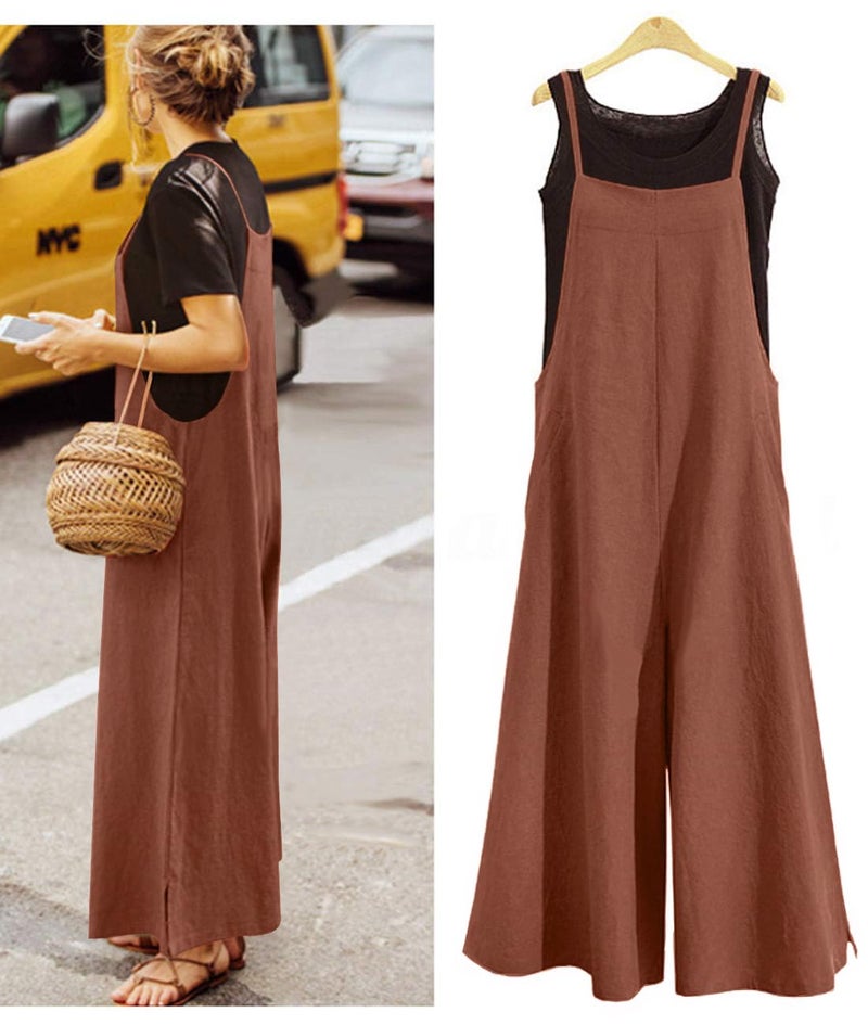 YESNO Women Casual Loose Boyfriend Bib Pants Summer Wide Leg Cotton Jumpsuits Rompers with Pockets XS-5X (S PZZTYP2 Coffee) - Image 3