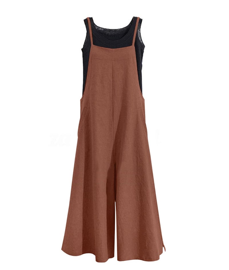 YESNO Women Casual Loose Boyfriend Bib Pants Summer Wide Leg Cotton Jumpsuits Rompers with Pockets XS-5X (S PZZTYP2 Coffee) - Image 1
