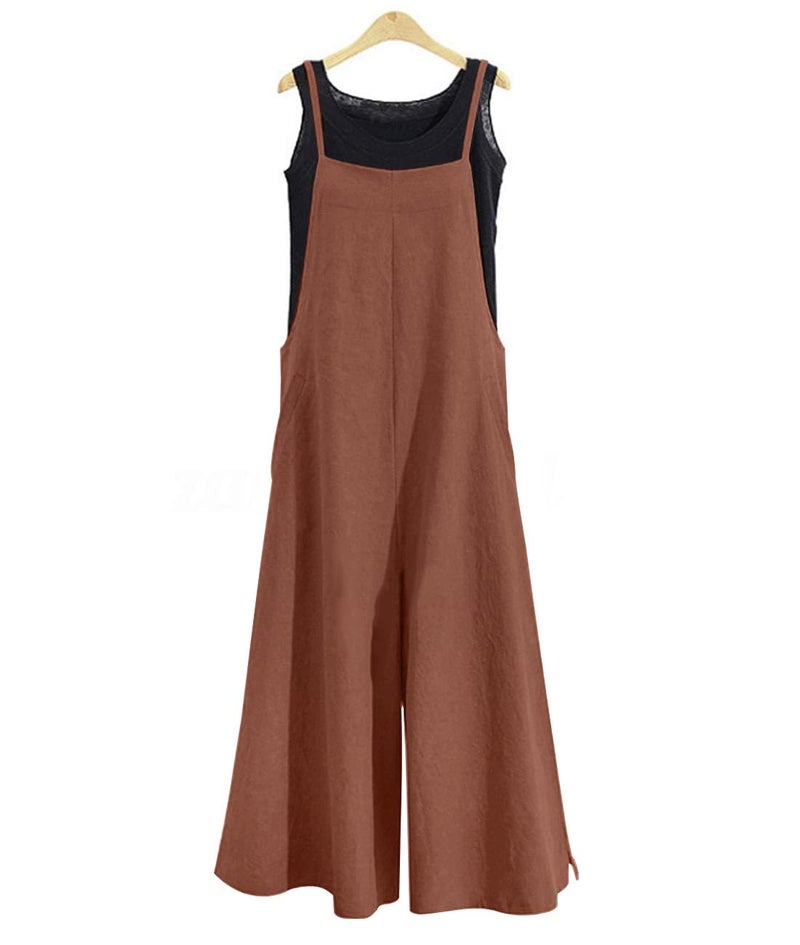 YESNO Women Casual Loose Boyfriend Bib Pants Summer Wide Leg Cotton Jumpsuits Rompers with Pockets XS-5X (S PZZTYP2 Coffee) - Image 2