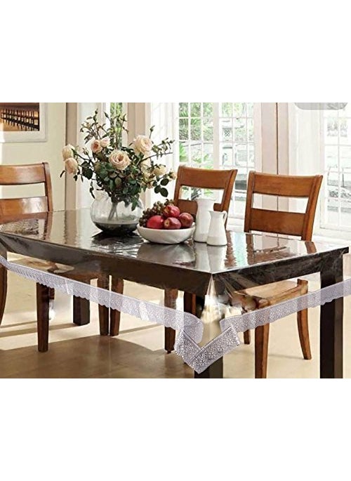 Lithara Lithara PVC Waterproof Dining Table Cover for 10 Seater Transparent Design with Lace Rectangular Protector Size 60 x 108 Inches Silver 