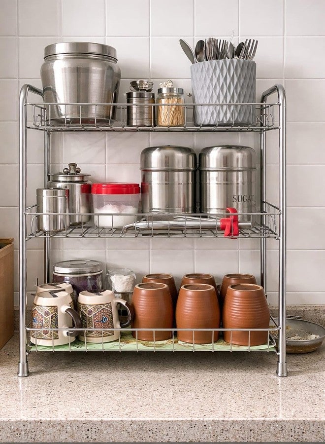 GLOCY 3-Tier Stainless Steel Kitchen Storage Rack, Multi-Purpose Organizer Shelf, Spice Jars Stand, Counter Organizer for Pantry Storage, 52x40x20, Silver - Image 3