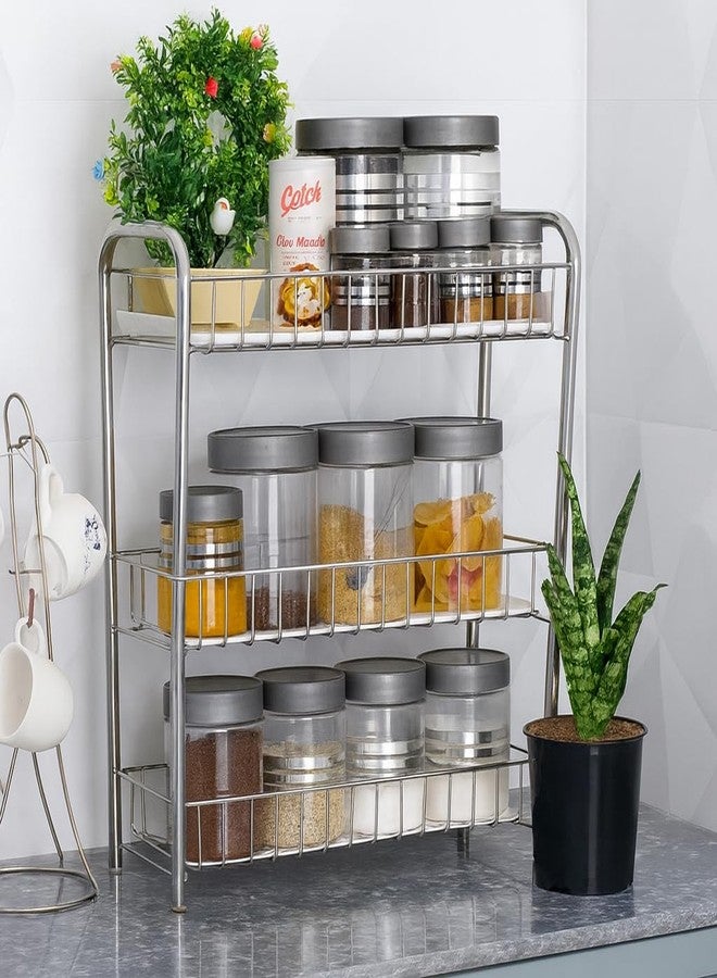 GLOCY 3-Tier Stainless Steel Kitchen Storage Rack, Multi-Purpose Organizer Shelf, Spice Jars Stand, Counter Organizer for Pantry Storage, 52x40x20, Silver - Image 1