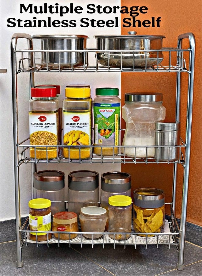 GLOCY 3-Tier Stainless Steel Kitchen Storage Rack, Multi-Purpose Organizer Shelf, Spice Jars Stand, Counter Organizer for Pantry Storage, 52x40x20, Silver - Image 4