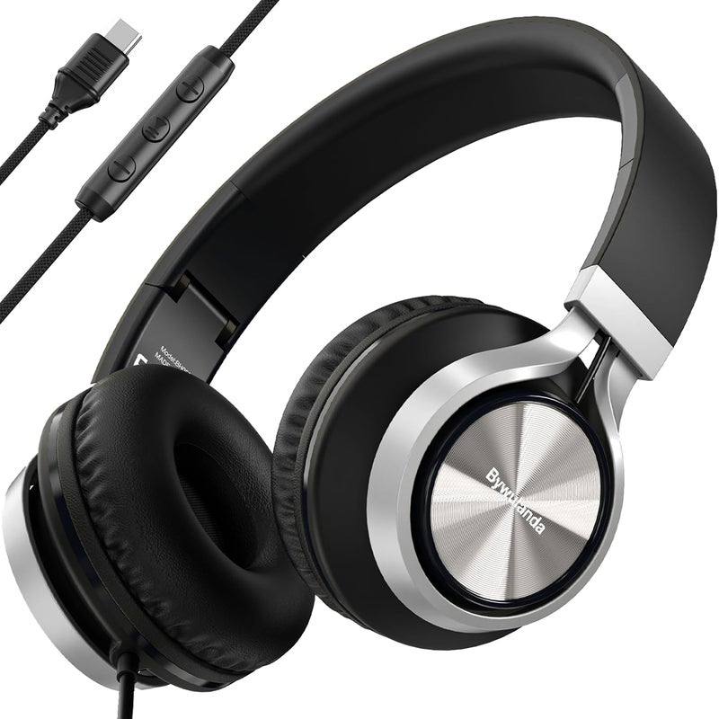 Bywulanda USB C Headphones with Mic and Volume Control, Over Ear Stereo Headsets for iPhone 15 16 Pro, Wired Foldable Headphones for Smartphones Chromebook Laptop Tablets Travel(Black) - Image 1