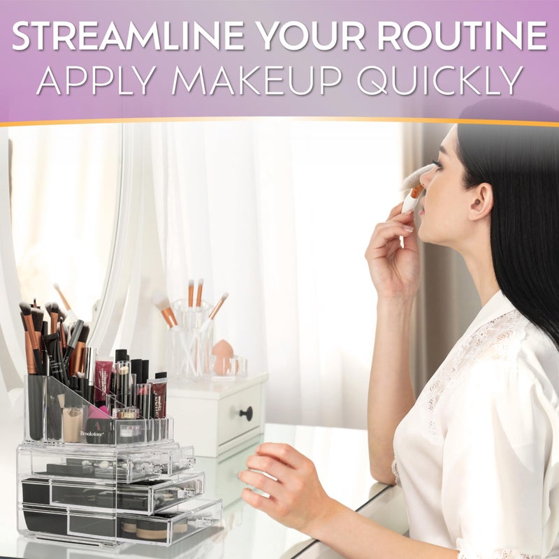 Brookstone Makeup Organizer Case â€“ Countertop Storage With Drawers, Acrylic Cosmetic Display Box, Vanity Desk Organizer For Accessories - Image 3