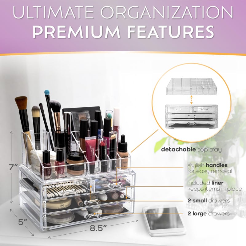 Brookstone Makeup Organizer Case â€“ Countertop Storage With Drawers, Acrylic Cosmetic Display Box, Vanity Desk Organizer For Accessories - Image 4