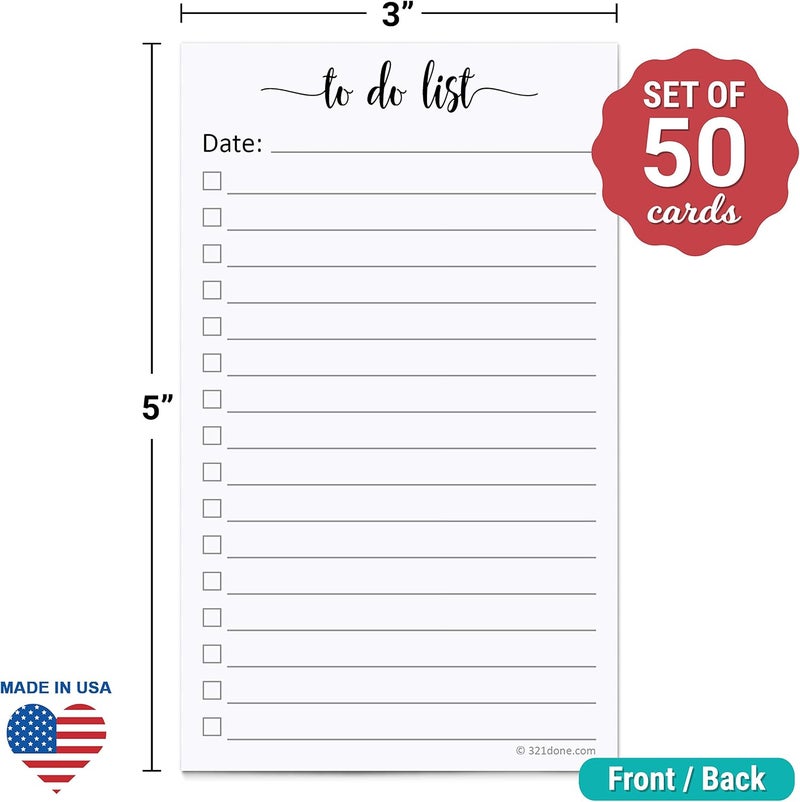 321Done To Do List Cards 3" x 5" (Set of 50) Vertical Index Cards, Double-Sided Notecards with Date To-Do Checklist - Thick Card Stock - Made in The USA, Simple Script - Image 2